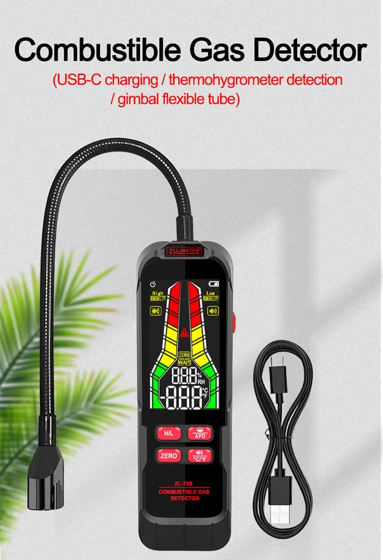 Industrial-grade combustible gas analyzer for accurate detection Wide measurement range of approx. 50–10000 ppm for precise monitoring Detects gases like LPG, methane, propane, and other flammable gases High-sensitivity sensor for reliable and fast leak detection Rechargeable battery for long-lasting and portable use LCD display for real-time gas concentration readings Audio and visual alarm alerts for instant hazard warning Fast response time with stable and accurate performance Durable design suitable for industrial environments Ideal for factories, pipelines, refineries, HVAC, and safety inspections