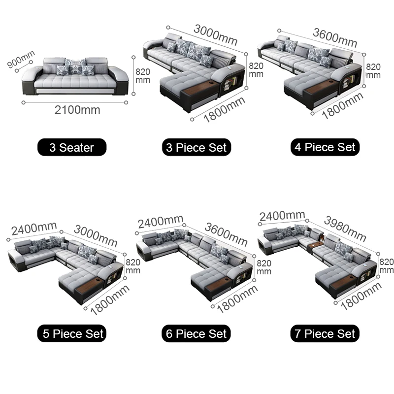 Modern Leather U Shaped Sectional Sofa Couch Bed 7 Piece Set Furniture