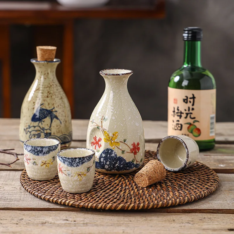 日本のミニ酒瓶、コルクスクリューキャップ付き磁器製酒器、酒器セット