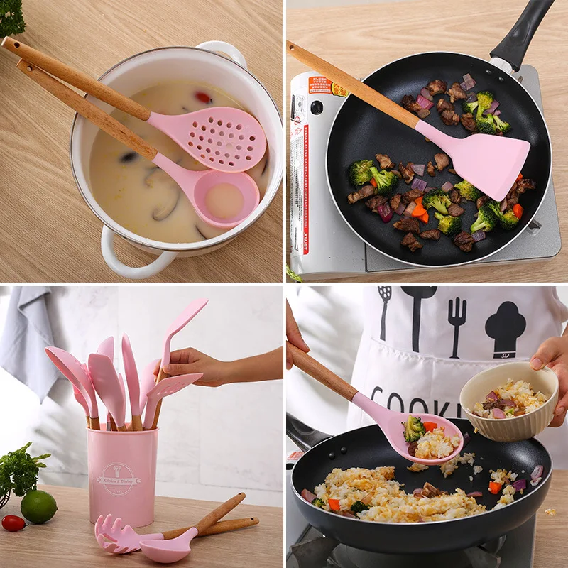 Home Kitchenware Gadgets Nonstick Silicone Cooking Set Kitchen Utensils Holder With Plastic Logo Wood Customized 12 Pieces Pink