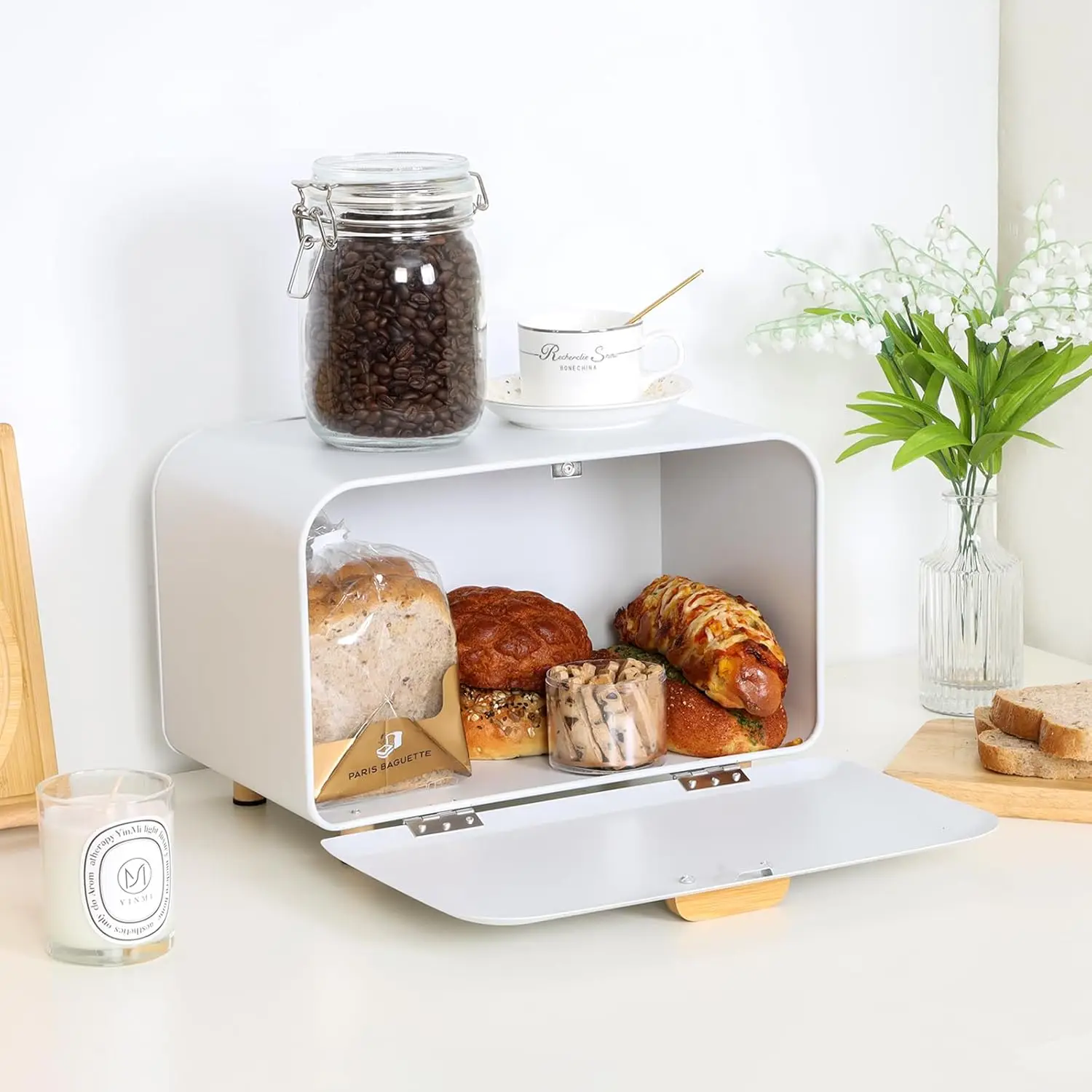 White Metal Bread Box Flip Top Lid Heatable Multifunction Large ...