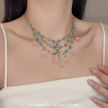 Colorful Rhinestone Leaf Multi-layer Tassel Fashionable Rope Bracelet Sandals Sweet Pendant Necklace for Women
