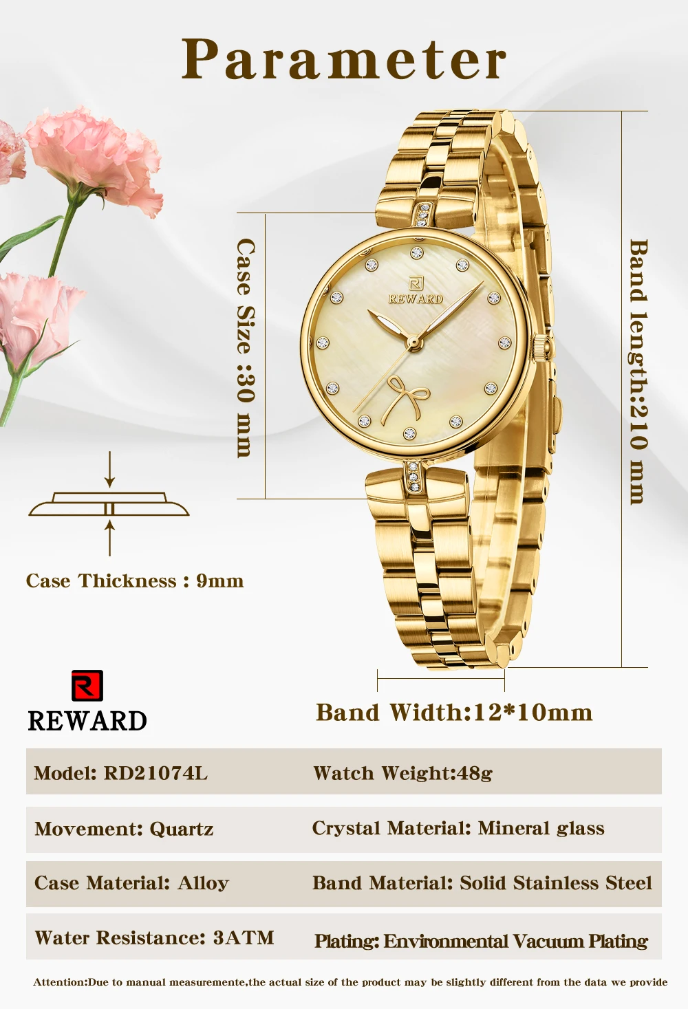 REWARD New Simple Thin Quartz Watches for Women Shell Dial with Rhinestones Clock Female Stainless Steel Band Wristwatch