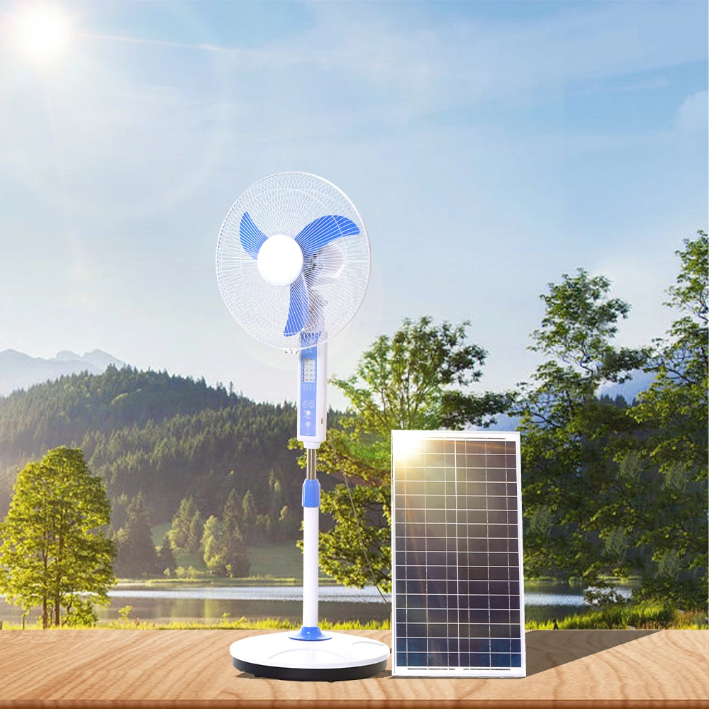 Outdoor 16Inch Electric Floor Fan Home Solar Rechargeable Standing Fan With Led Light