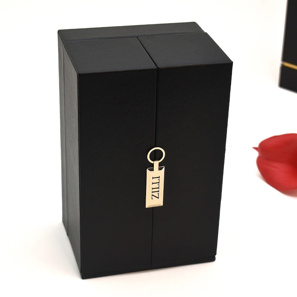 Customized Design Black Double Door Hard Cardboard Paper Empty Perfume Bottle Box Luxury Gift Perfume Packaging Box manufacture