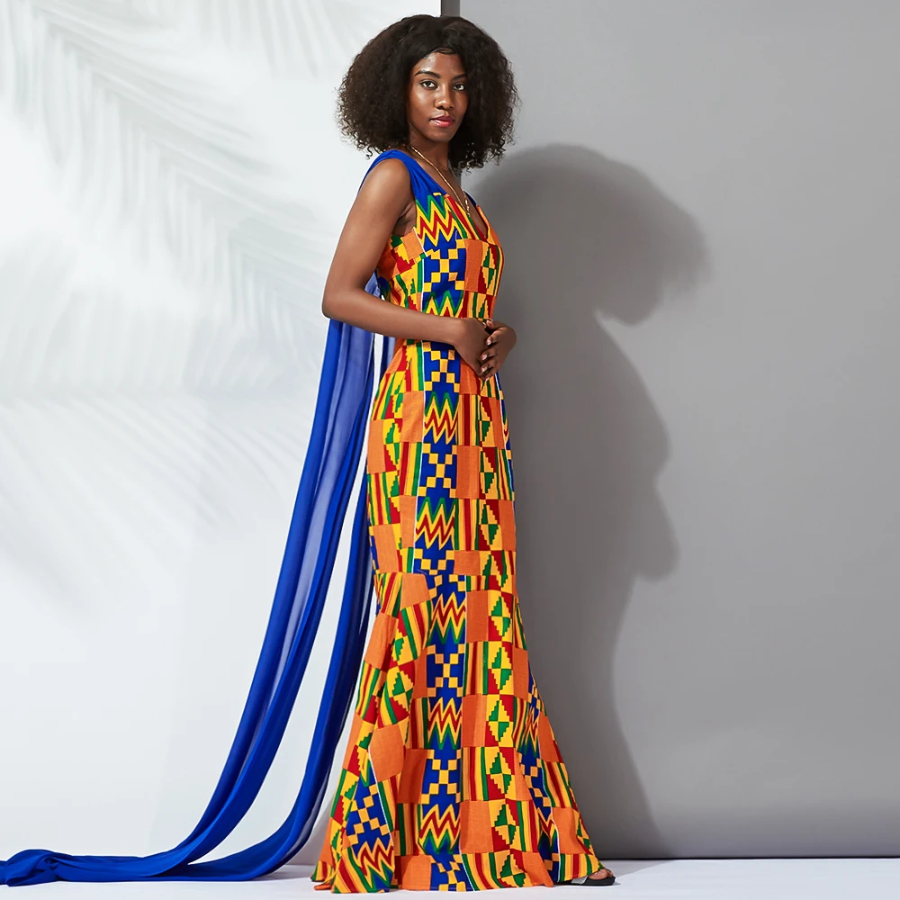 Custom Manufacturer Fashion African Kente Print Dresses for Ladies  Sleeveless Maxi Design Dresses for Party