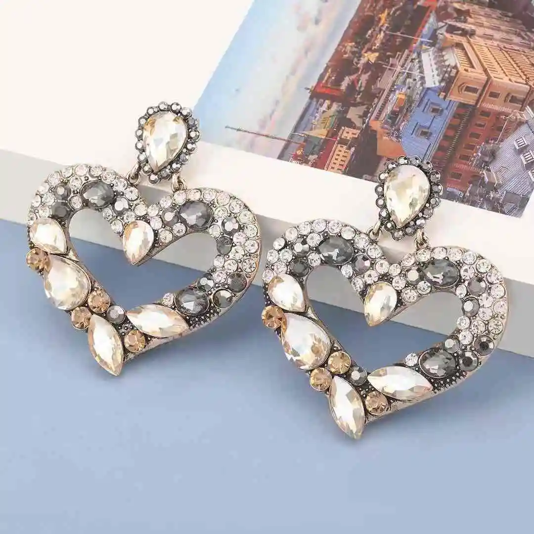 Trendy Vintage Statement Crystal Love Heart Shape Eye Drop Earrings Buy New Fashion Jewelry Women Girls Rhinestone Exaggelated Large Drop Geometric Earrings Statement Dangle Heart Earrings Gold Silver Double Heart Shaped Earrings