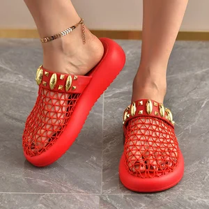 New Trendy Women Mesh Flat Slipper Knit Woven Net Summer Ladies Breathable Plait Woven Knit Upper Flat Slippers for Women