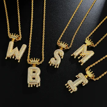 Luxury Gold Tone Iced Out Alphabet Pendant 18K Gold Plated Brass Full Zircon Crown Letter Pendant Necklace For Punk Guy
