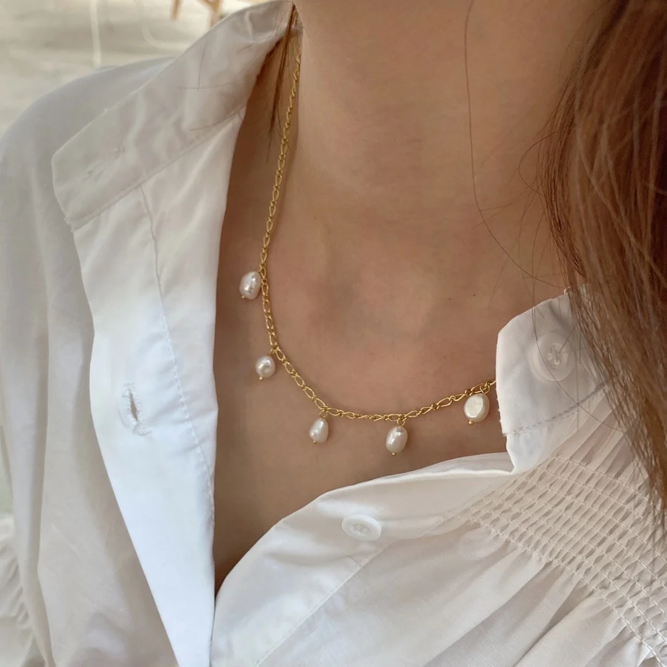 18k Gold Plated Link Chain Pearls Necklace 925 Sterling Silver Baroque ...