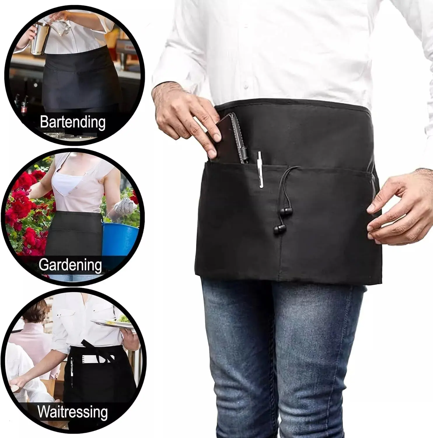Black Half Waist Apron With 3 Pockets - For Waiters, Bartenders, Cafe & Kitchen