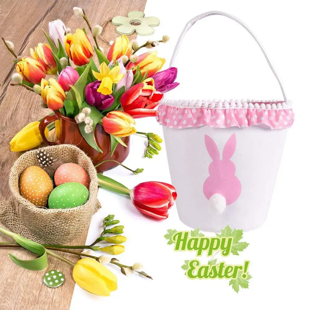 Пасхальная детская корзина для конфет в горошек с кружевом и милым кроличьим