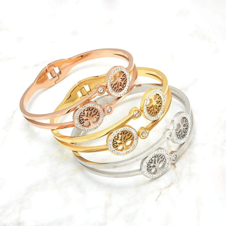 Gold Bangles Fashion Woman Tarnish Free 18K Gold Tree of Life Womens  Exaggerated Rhinestone Bracelet Stainless Steel Jewelry