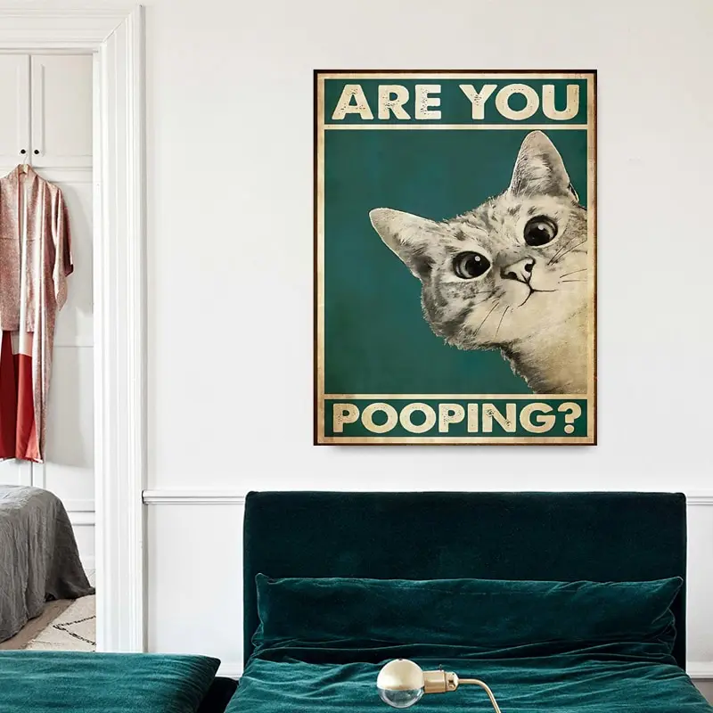 Divertente targa in latta con gatto nero con scritta Are You Pooping, poster vintage per bagno