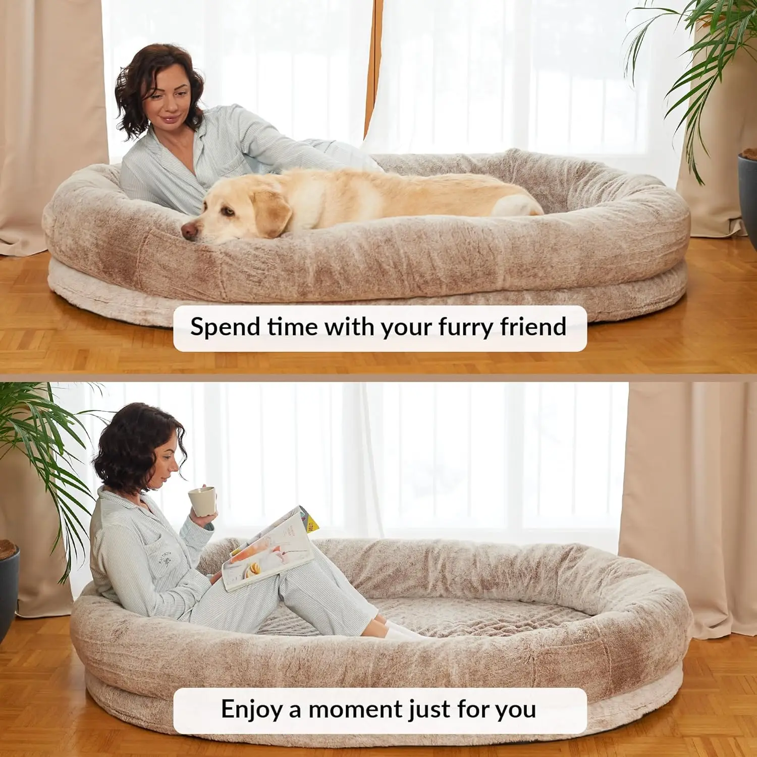 Large Human Dog Bed Human-Sized Big Dog Bed for Adults & Pets Giant Beanbag Bed with Washable Fur Cover, Blanket and Strap