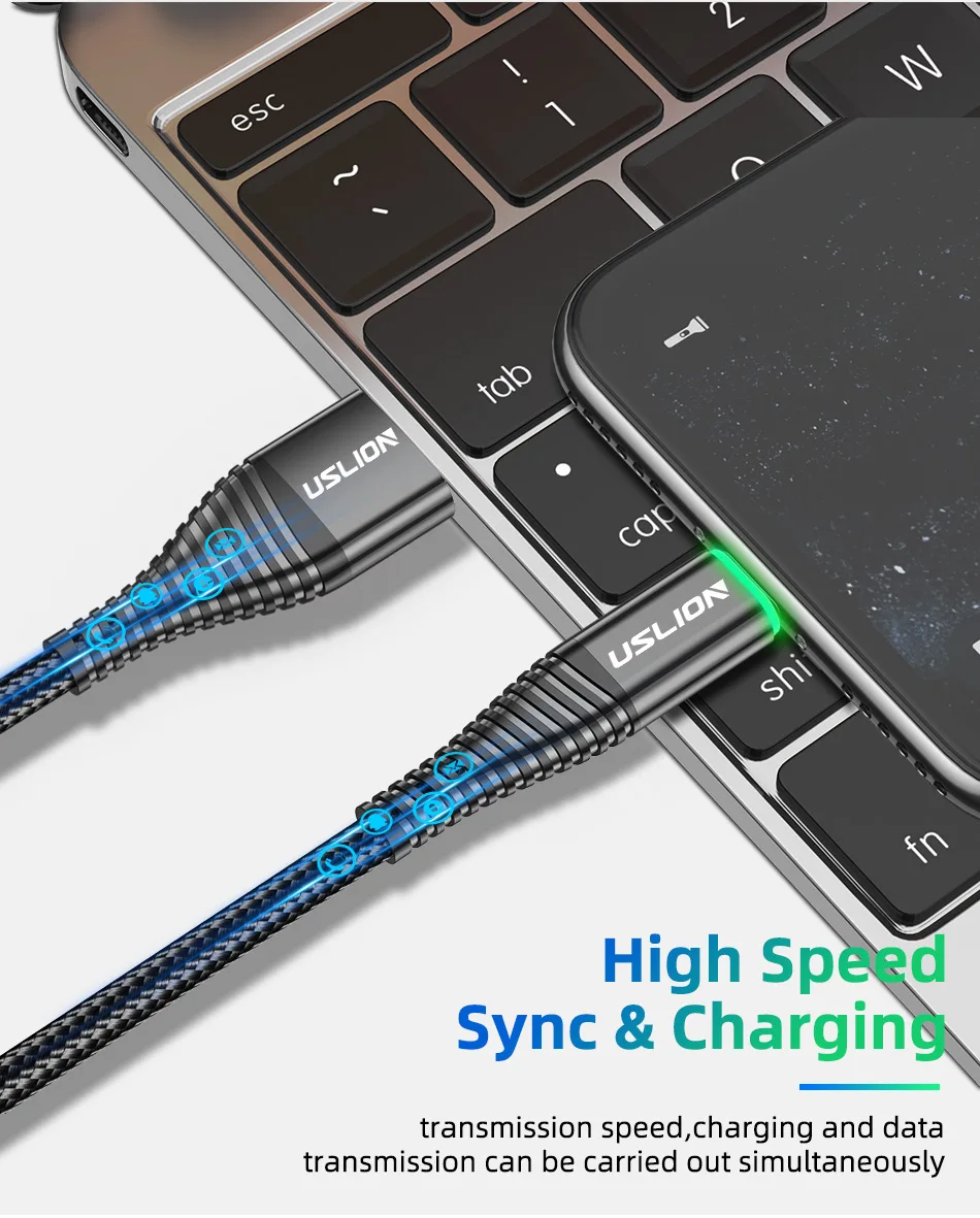 USLION 3A Fast Charging 2M Green LED illuminated Micro USB Charging Cable Data Cable For Android Mobile Phone - ANKUX.COM