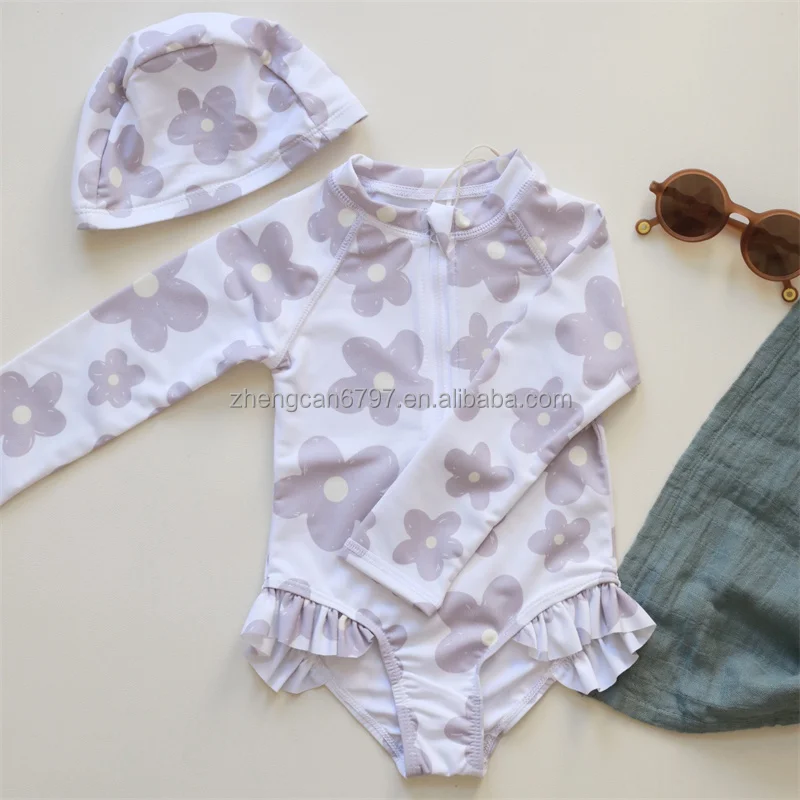 Fashion Cute One Piece Lovely Baby Girls Swimwear Zipper Swimsuit Custom Print Kids Long Sleeve