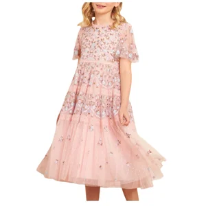 Summer O-Neck Short Sleeve Girls Dresses Children's 3D Flower Embroidery Pattern with Sequined Decoration Knee-Length ODM Supply