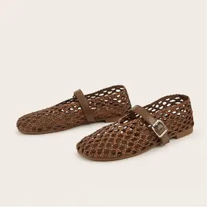 BUSY GIRL CXX141 Ladies Flat Sandals Women's Brown Crochet Mary Jane Flats Breathable Hollow Out Sandals Buckle Strap Comfort