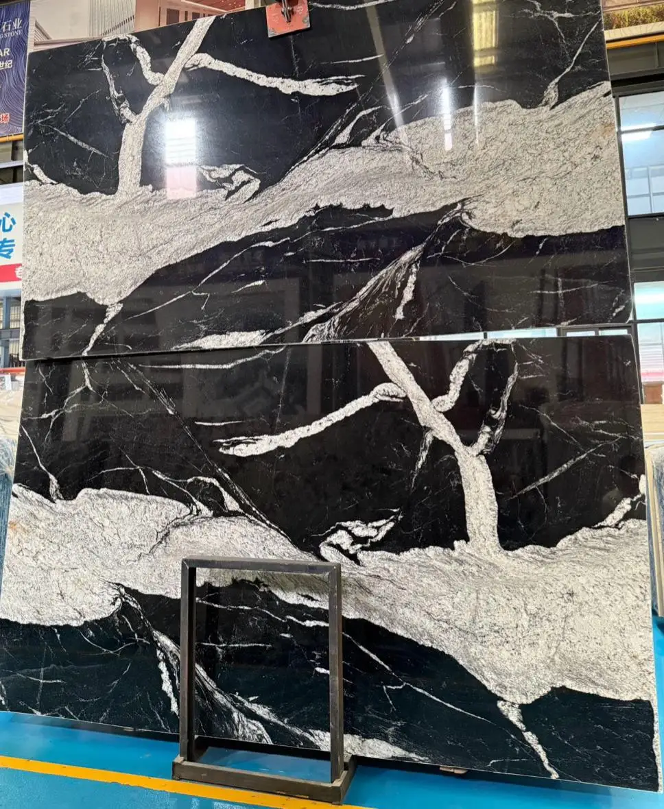 Lembaran Marmer Hitam Alami untuk Dinding Latar Belakang Hotel, Villa, Kamar Mandi, dan Dapur; Marmer Hitam Polished Modern, Garansi 1 Tahun