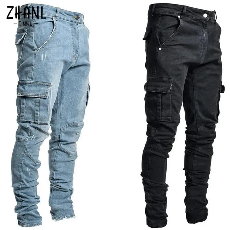 Men's Mid Waist Streetwear Denim Slim Fit Skinny Cargo Jogger Pants Korean Style Multi-Pocket Trendy Ins