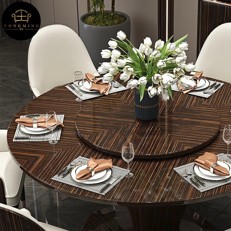 Round Dining Table Ebony Wood Grain Baked Lacquer Combination Furniture