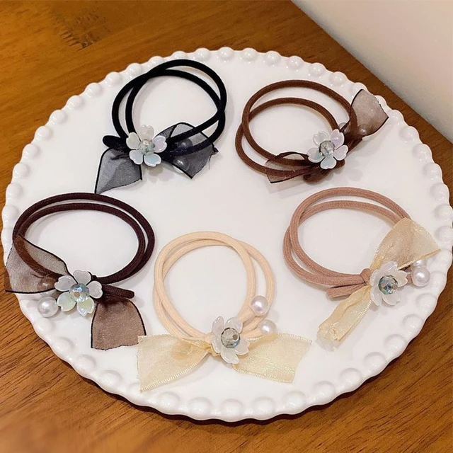 Korean Handmade Fabric Scrunchie Pearl Plastic Flower Hair Circle Fresh Sweet Lovely Elegant Elastic Hair Band