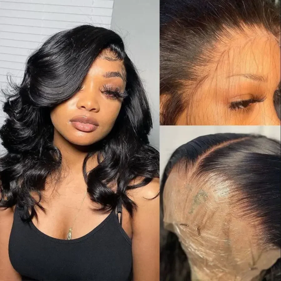 Korte Bob Parykker med Lace Front, Naturlig Kropbølge, 150% Densitet, 100% Ægte Hår, 13x6 til Sorte Kvinder_voghion.com