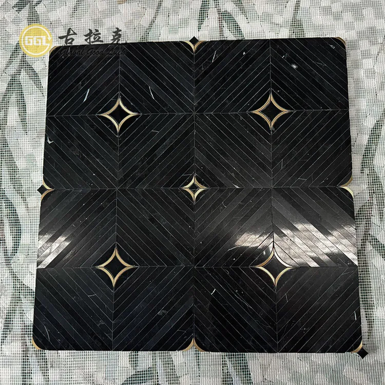 Nero Black Marble mix Brass Waterjet Mosaic Floor and Wall Tile