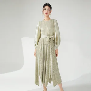 Women's High Quality New Style Pleated Miyake Dress Solid Color Elegant Elastic Casual Belt Long Sleeve Irregular Model