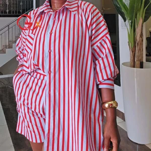 GX7337 Wholesale Elegant Women Boutique Casual Street Wear Long Sleeve Stripped Printed Loose Shirt and Shorts 2 Piece Set