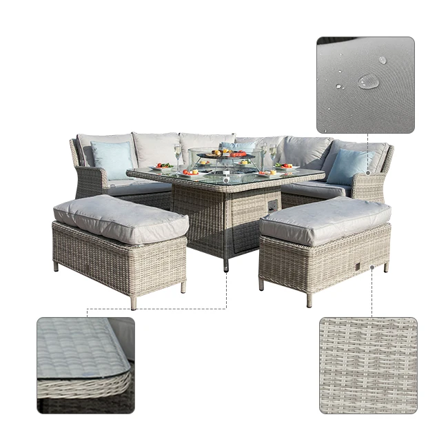 Yasn 7 Piece Set Pe Rattan Fire Pit Table Set Garden Sofa Outdoor Patio