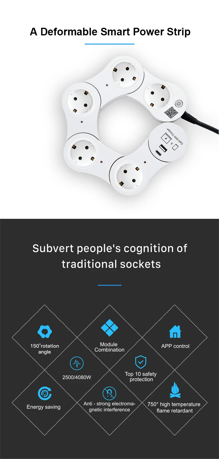 Smart WIFI Remote Control Laptop Adapter Computer Accessories Equipped Power Strip with 65W GaN Charger for Laptop