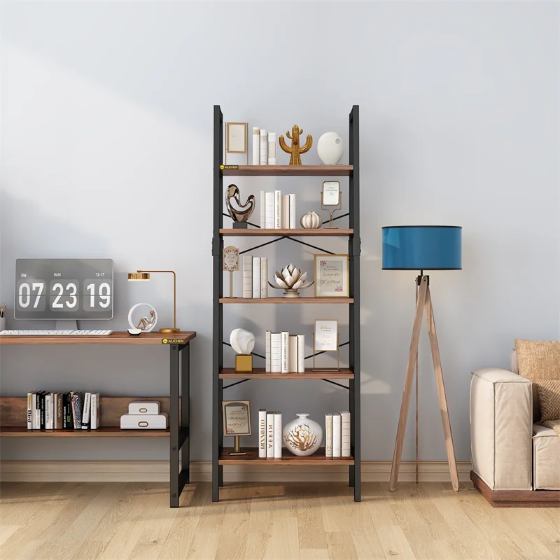 YQ Forever Furniture Modern Design Wood and Black Metal Living Room Decorative Storage Rack Bookcase Bookshelves Cabinet