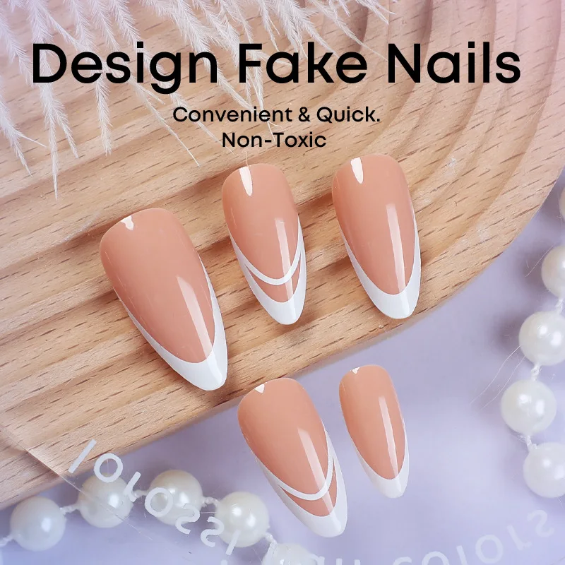 White Almond New Design French Style Machine Half Handmade 24pcs Press on Acrylic Nails Square Pattern for Finger Wholesale