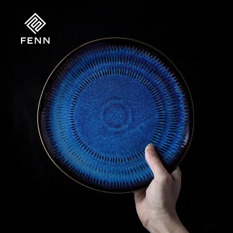 FENN Creative Color Ceramic Dinner Salad Dessert Plate Reactive Glaze Change Blue Color Restaurant Porcelain Dining Plate Sets