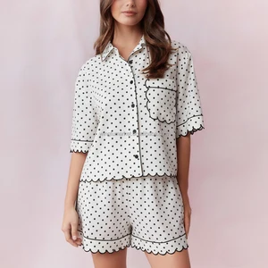 Summer Polka Dot Short Sleeve Shirt Top and Shorts Set Wavy Edge Loose Casual Comfortable Breathable Pajamas Women