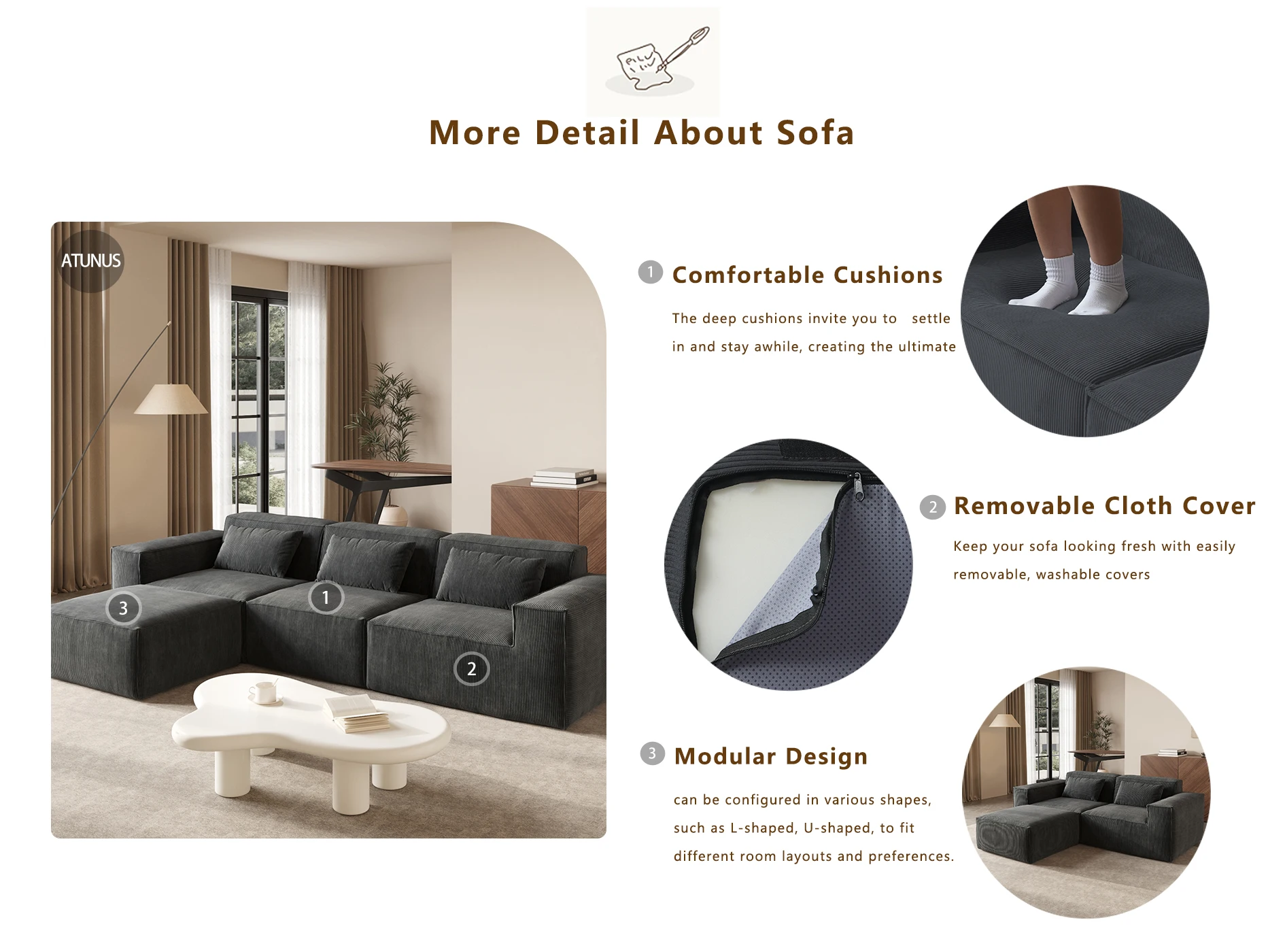 ATUNUS French Brown Compress in Stock White L Shape Sofa 4 Seater  Modular Sectional Sofa Corduroy Fabric Living Room Couch Set