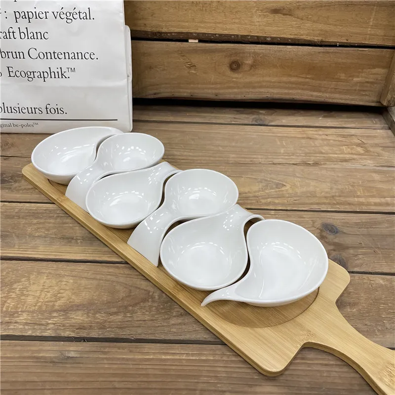 Condiment Serving Tray Platter 4 pieces Dipping Cups Sauce Dish Plate Dessert Bowls