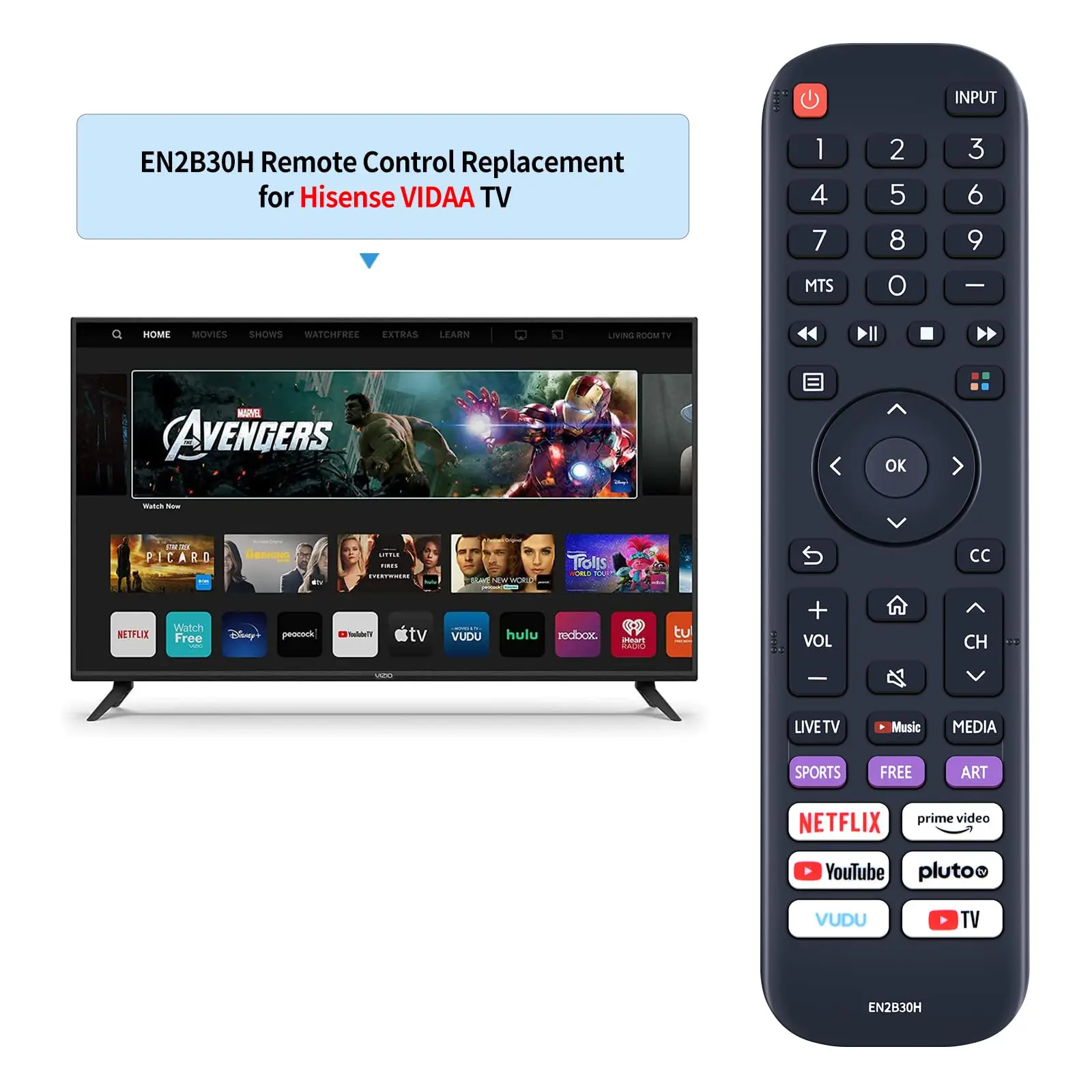 Replacement EN2B30H ABS LED LCD Fixed Code Remote Control Compatible Hisense Vidaa Smart TV for Home Use 1-Year Certified RoHS
