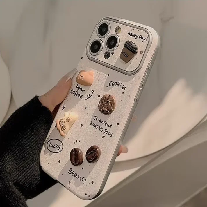 Splash-ink 3D Coffee Bear Handmade  Phone Cover Electroplated Frame Big Window Cell Phone Case for Iphone 16 15 14 13 12