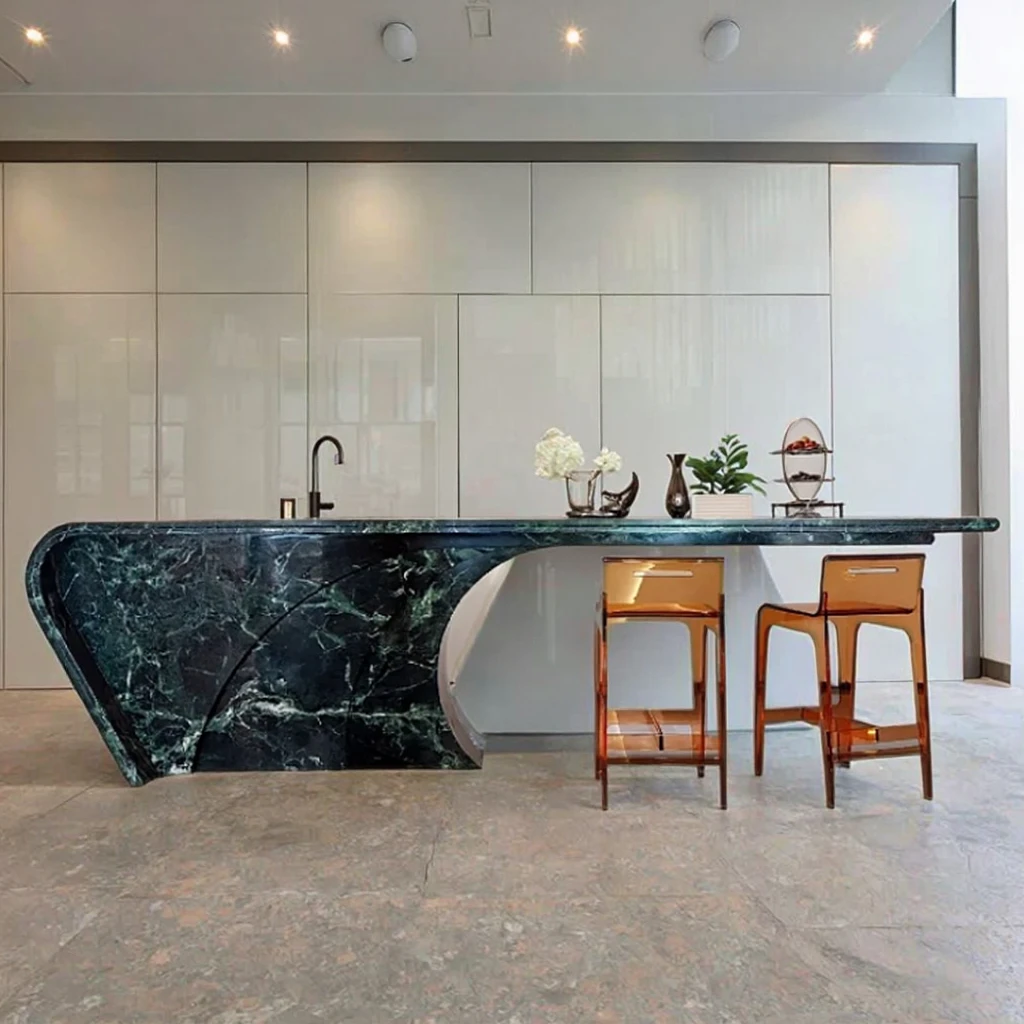 Verde Alpi Marble Floating Bar Countertop Custom Kitchen Island