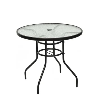 HOMECOME Modern Outdoor Furniture Single Round Tempered Glass Umbrella Hole Table ,Garden Patio Steel Frame Coffee Dining Table