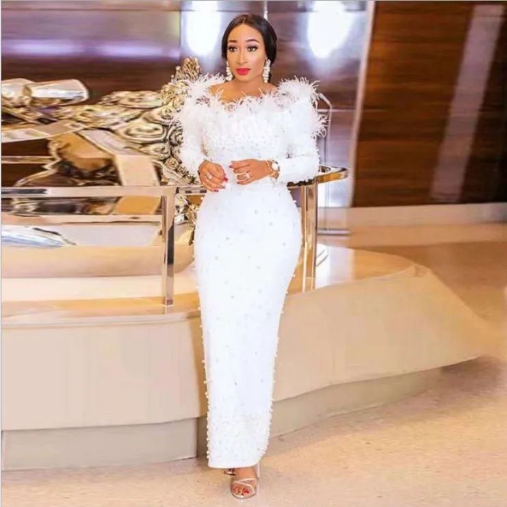 Latest Arrival Off Shoulder Feather Bandage Tight Nail Bead White Party Dress Long Sleeve Dresses Evening Dresses