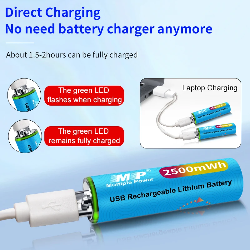 Two USB Rechargeable Lithium-Ion AA Batteries with Cable