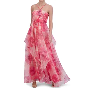 Lady Summer Halter-neck Tiered Hem Party Maxi Dress With Floral A-Line Chiffon Elegant Women's Gown Dresses