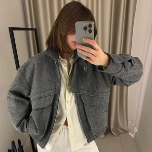 Cross-Border Stand-Up Collar Long Casual Varsity Jacket European American  Autumn Zipper Pocket Loose Wool/Polyester