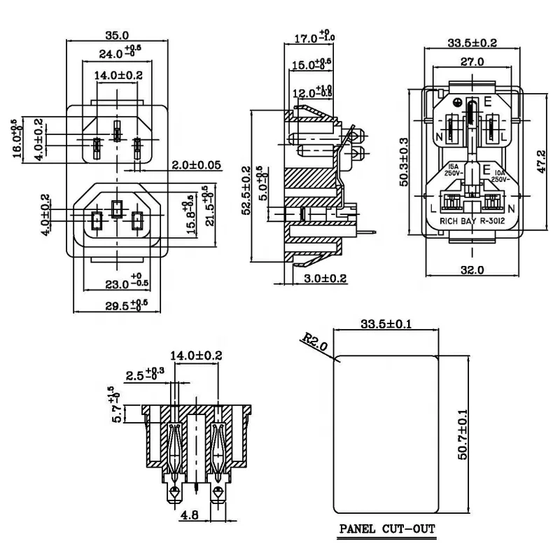 15A 250VAC IEC 60320 C13 C14結合ソケット2で1電源入口出口
