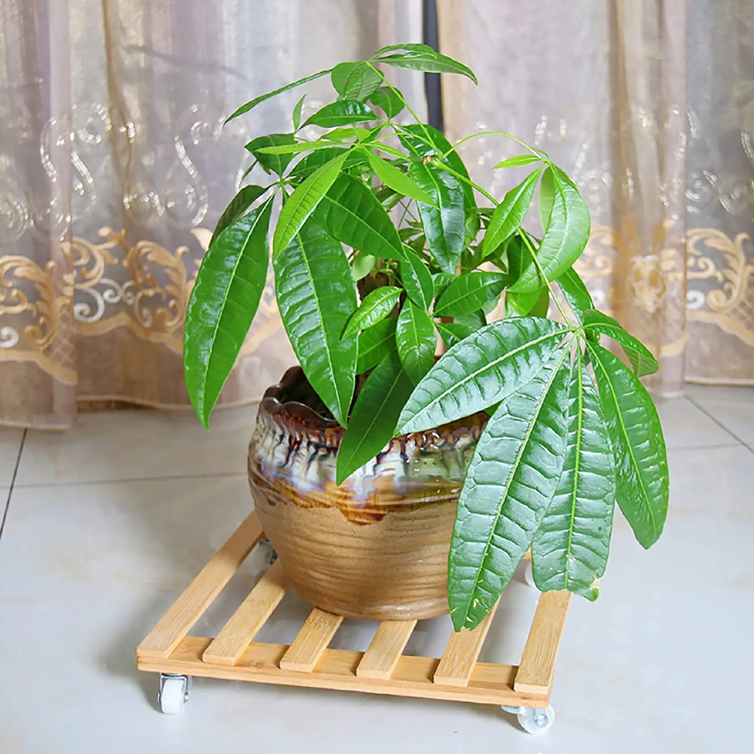 3 Pack Bamboo Plant Caddy with Wheels Plant Caddy Rack Bamboo Plant Stand with Rolling Wheels Mobile Flower Pot Mover Roller