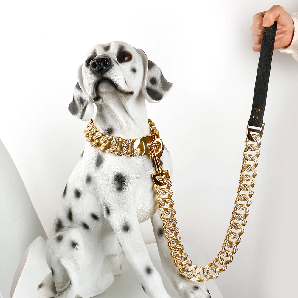 Tali Rantai Kerah Anjing Emas 18K, Tali Kepala Anjing Bully, Rantai Lebar  25MM Kerah Kuba Mewah dan Tali Penuntun